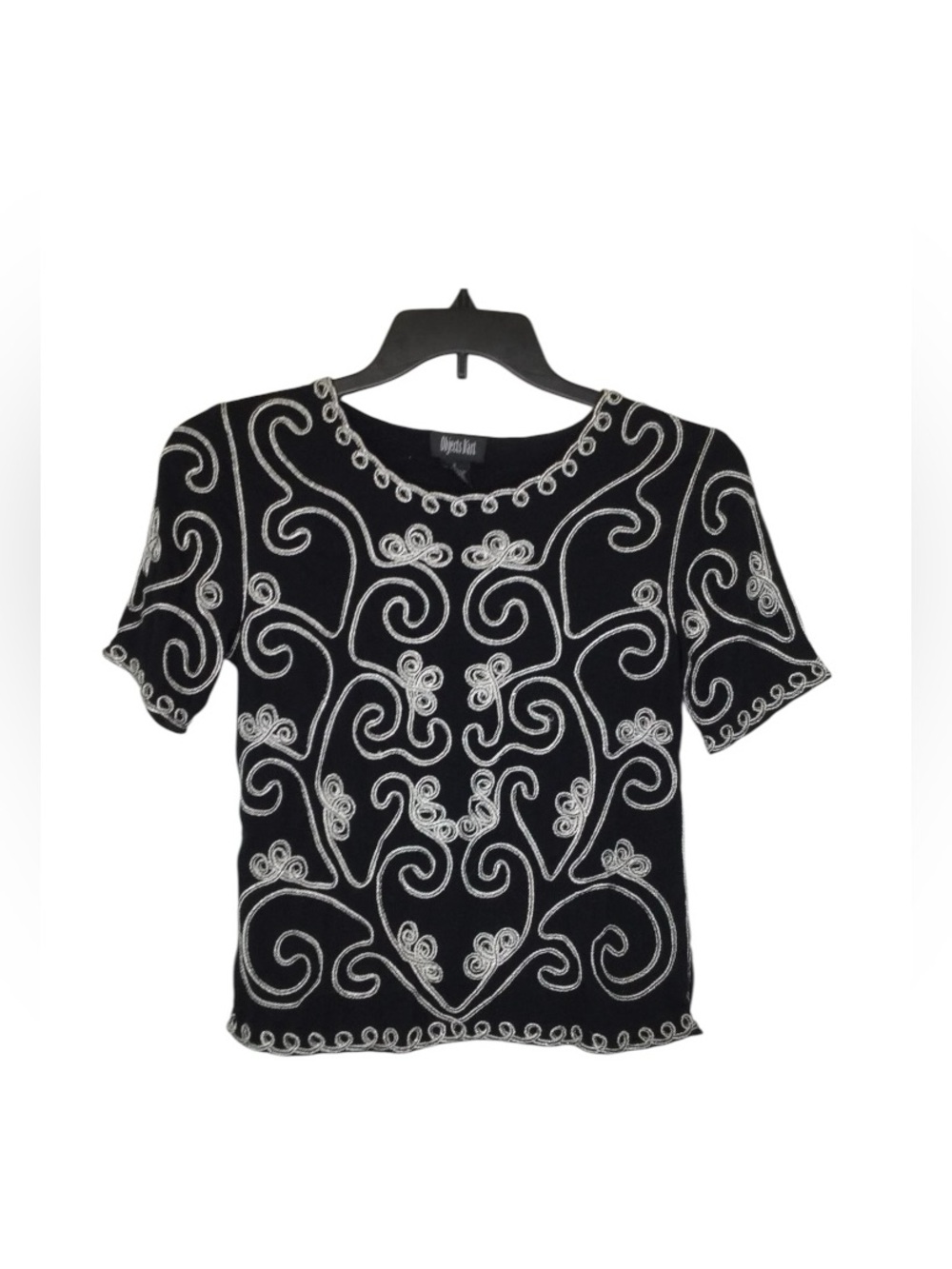 Vintage-Inspired Black Embroidered Short Sleeve Top Ladies size Small